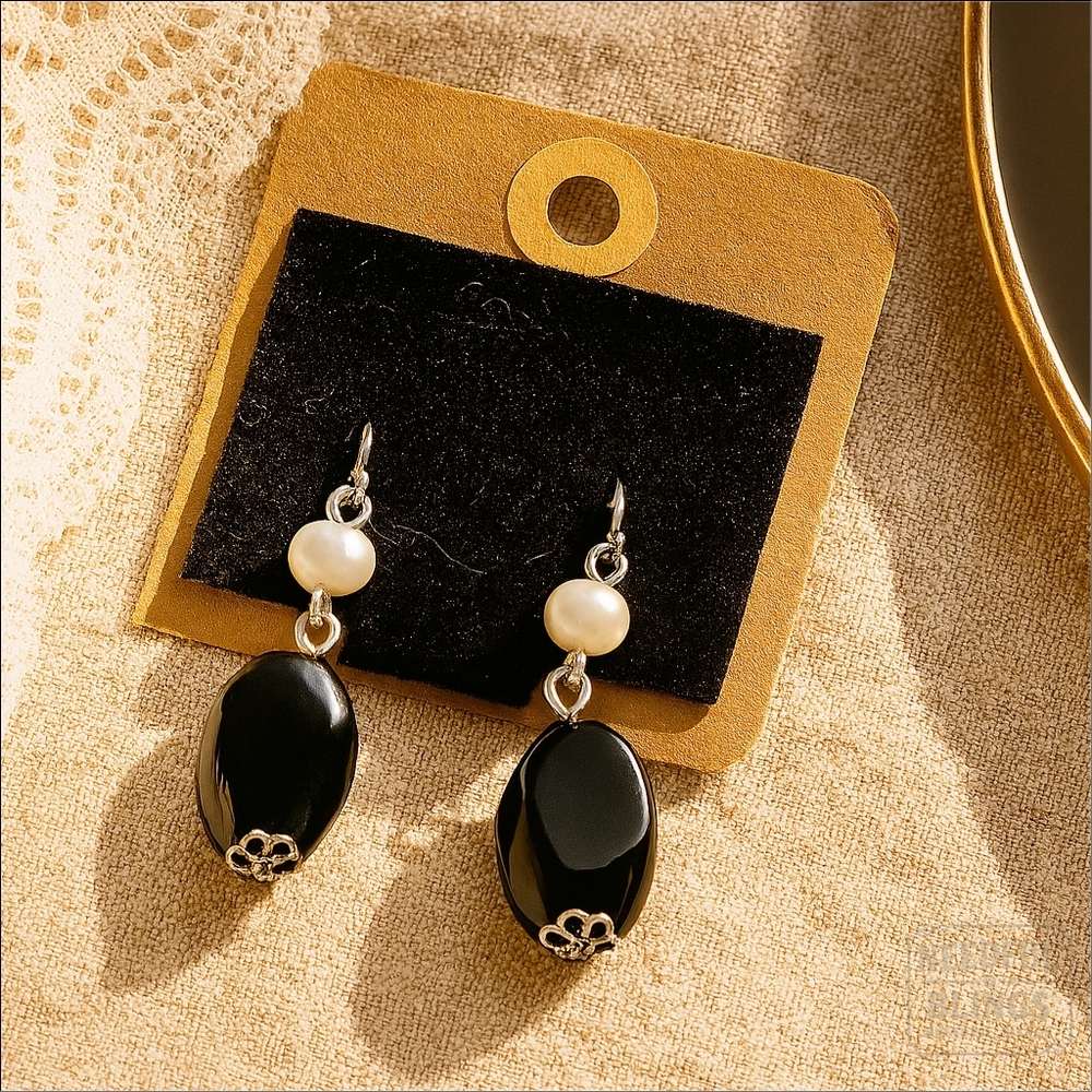 Vintage Black Glass Onyx-Look Silver Filigree & Pearl Caps Mid-Century
